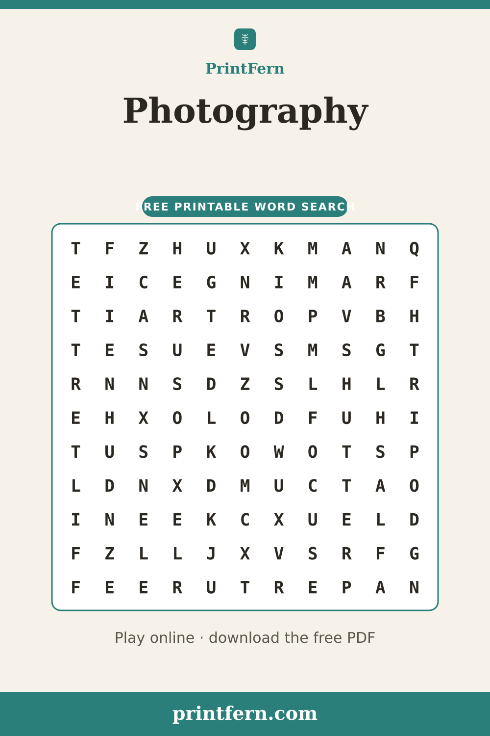 Photography Word Search, free printable PDF preview