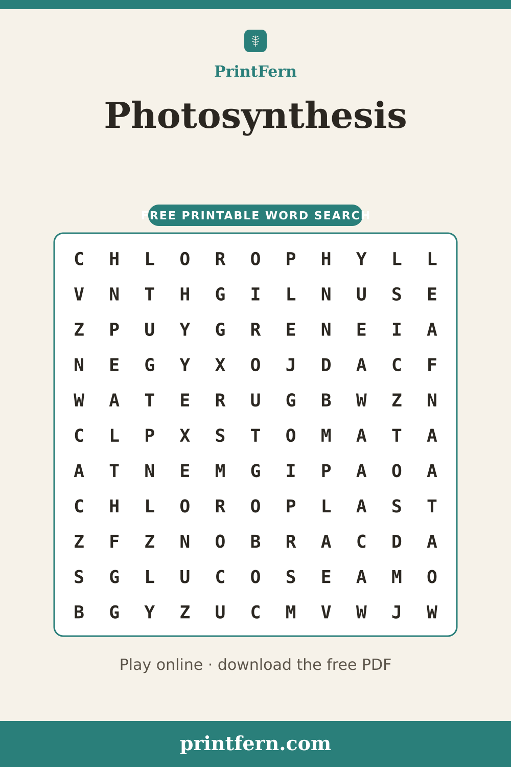 Photosynthesis Word Search, free printable PDF preview
