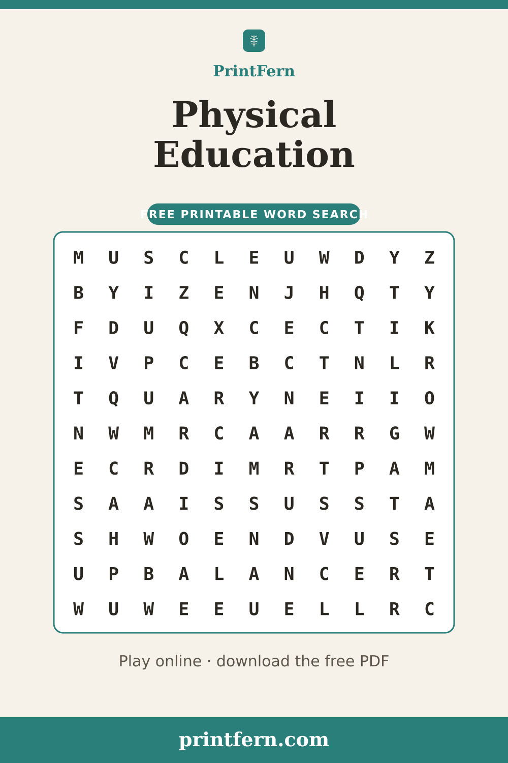 Physical Education Word Search, free printable PDF preview