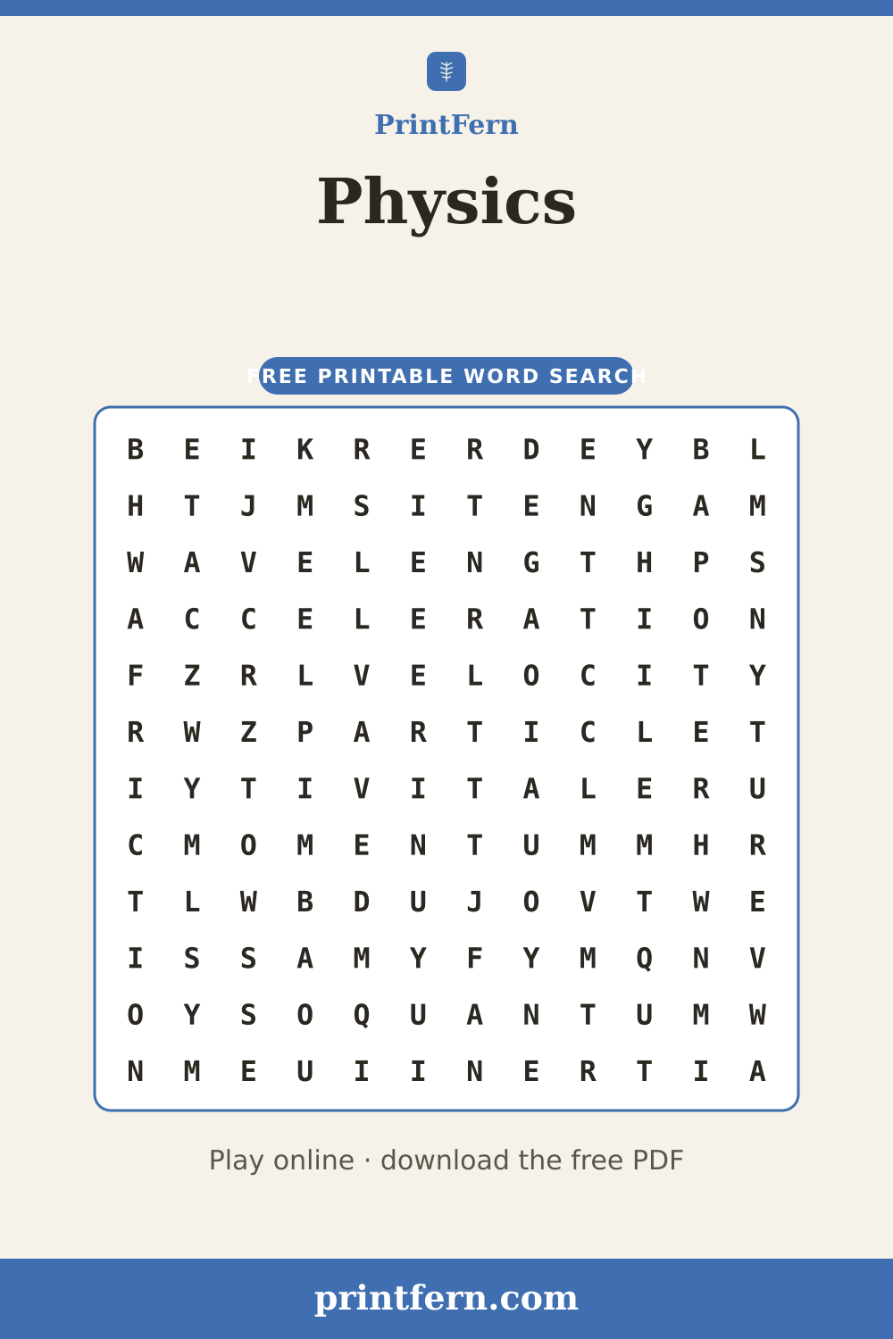Physics Word Search, free printable PDF preview