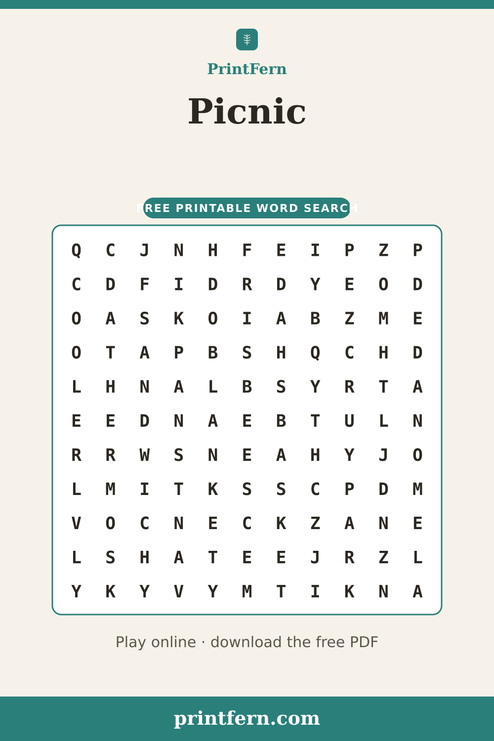Picnic Word Search, free printable PDF preview