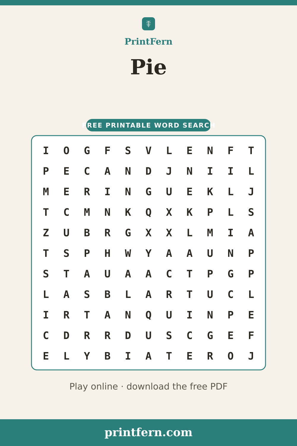 Pie Word Search, free printable PDF preview