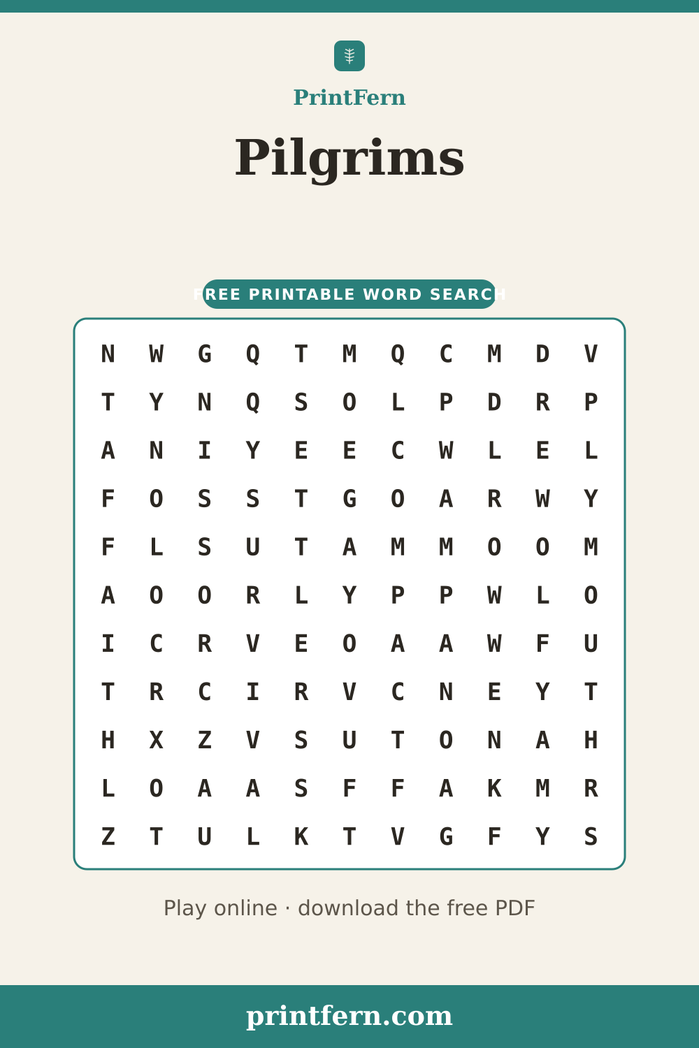 Pilgrims Word Search, free printable PDF preview