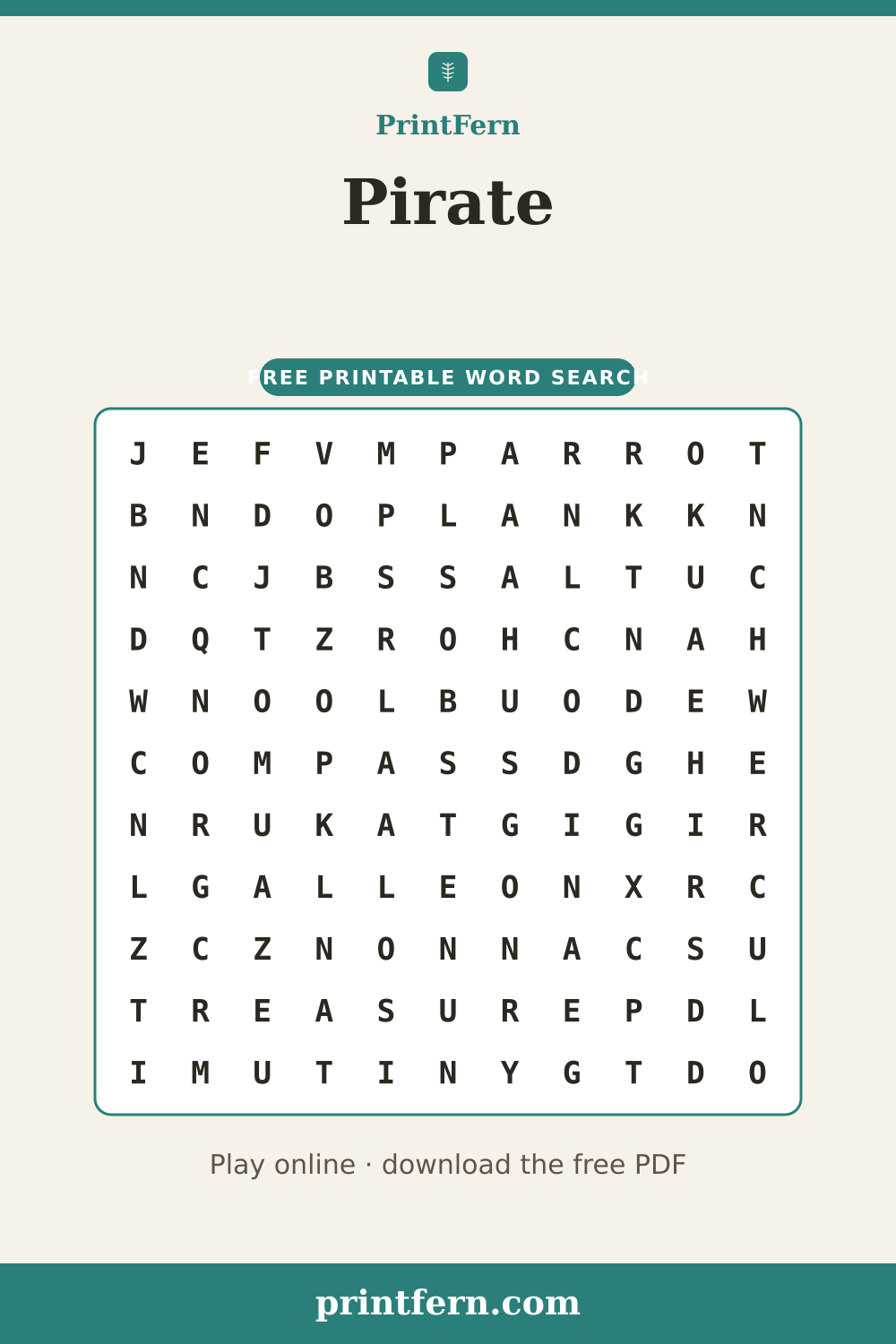 Pirate Word Search, free printable PDF preview