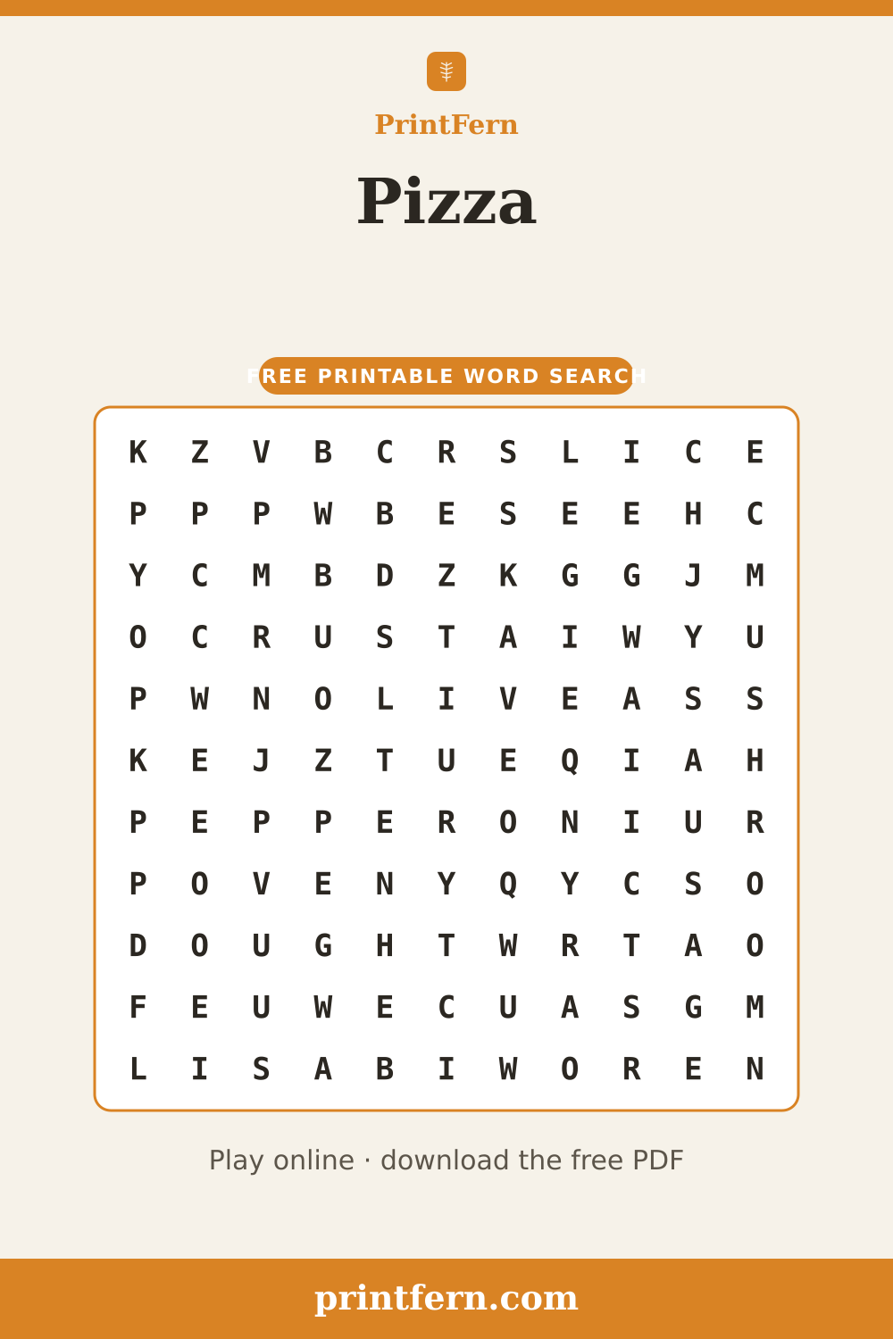 Pizza Word Search, free printable PDF preview