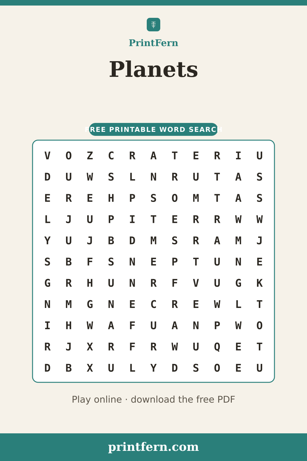 Planets Word Search, free printable PDF preview