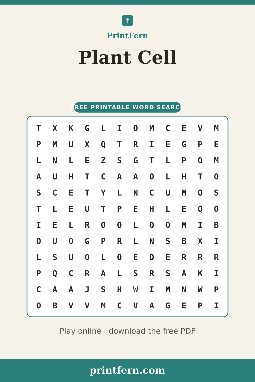 Plant Cell Word Search, free printable PDF preview