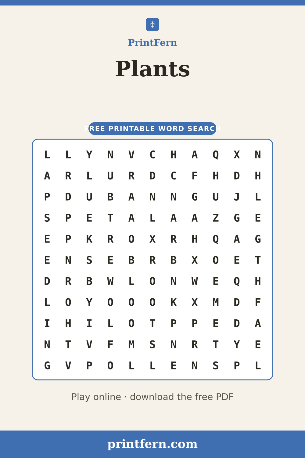 Plants Word Search, free printable PDF preview