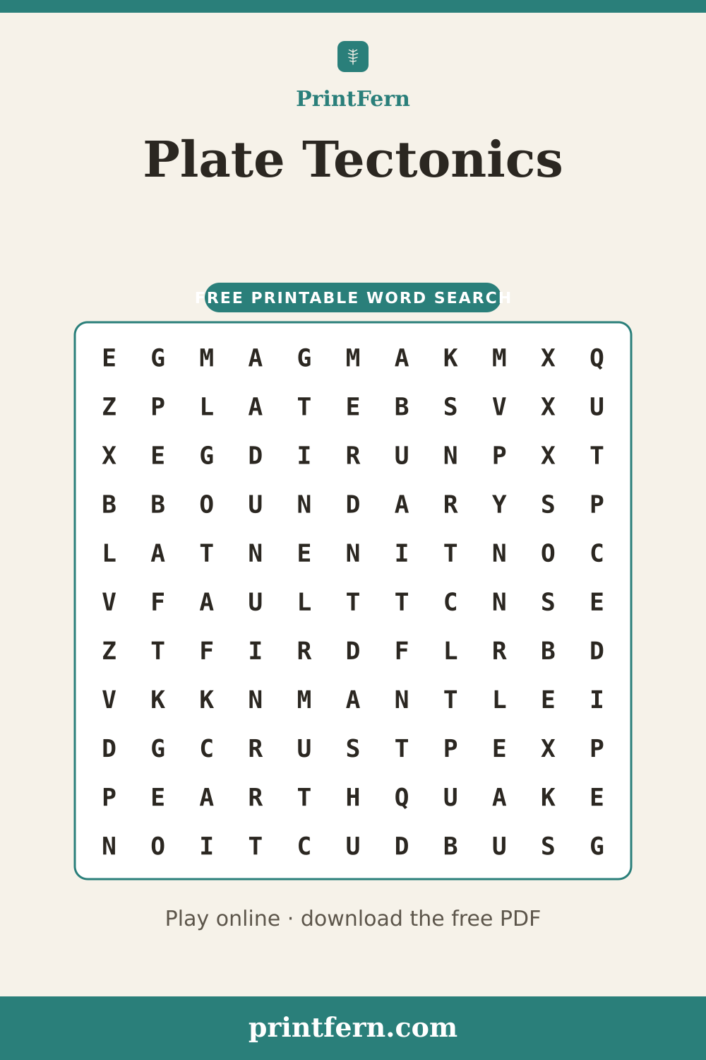 Plate Tectonics Word Search, free printable PDF preview