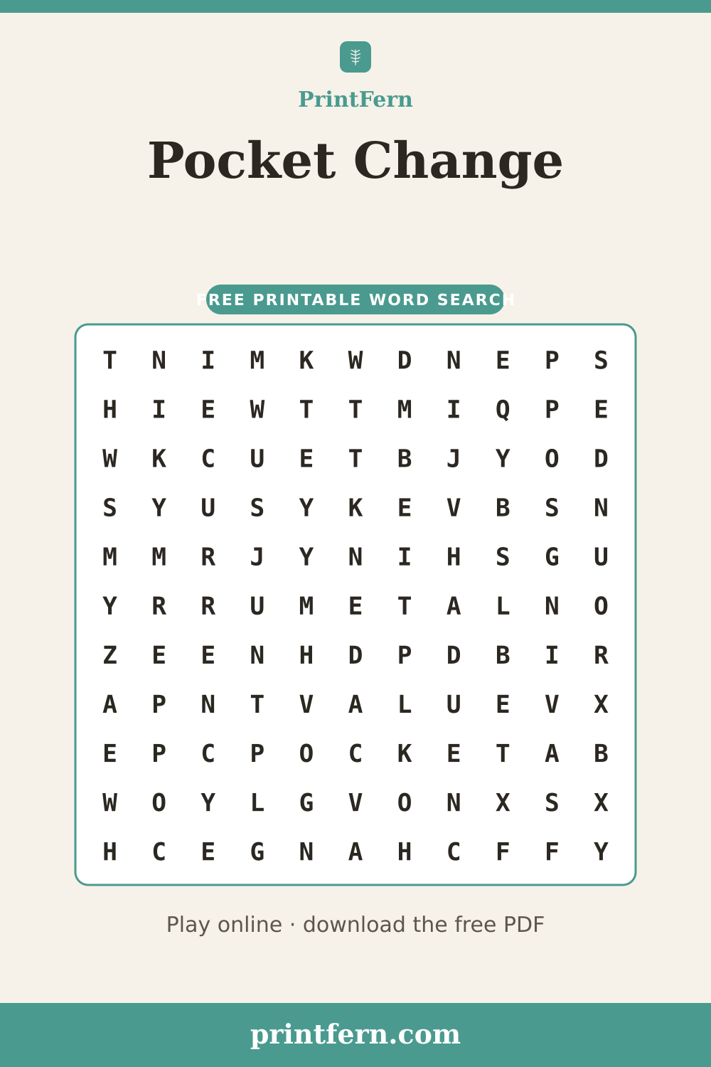 Pocket Change Word Search, free printable PDF preview