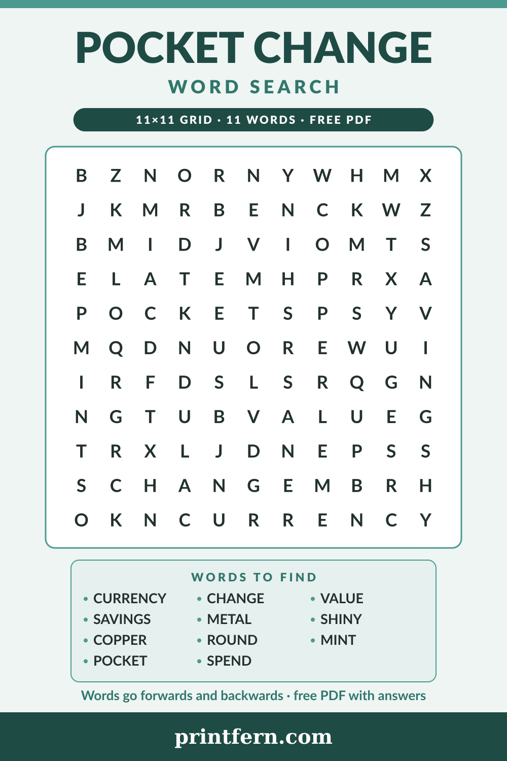 Pocket Change Word Search, free printable PDF preview
