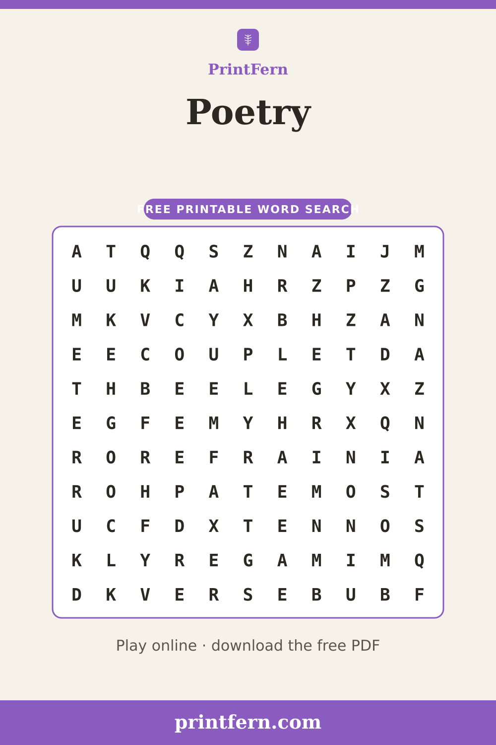 Poetry Word Search, free printable PDF preview