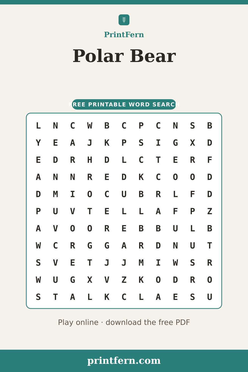 Polar Bear Word Search, free printable PDF preview