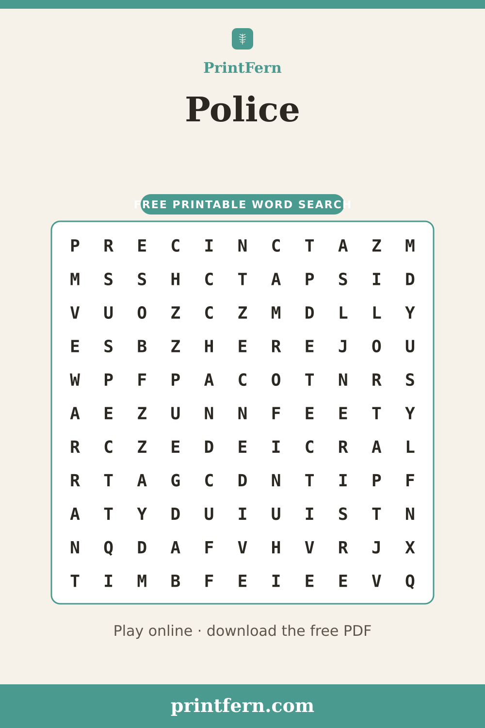 Police Word Search, free printable PDF preview