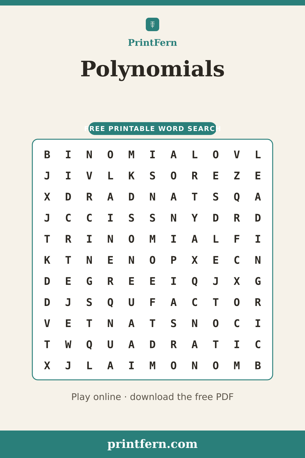 Polynomials Word Search, free printable PDF preview