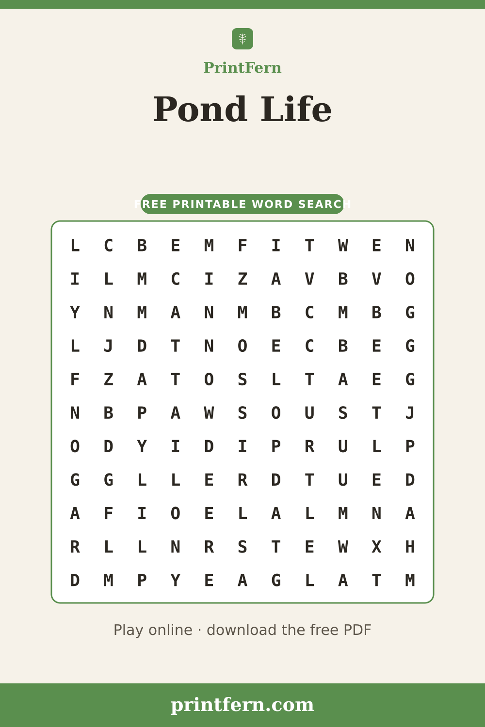 Pond Life Word Search, free printable PDF preview