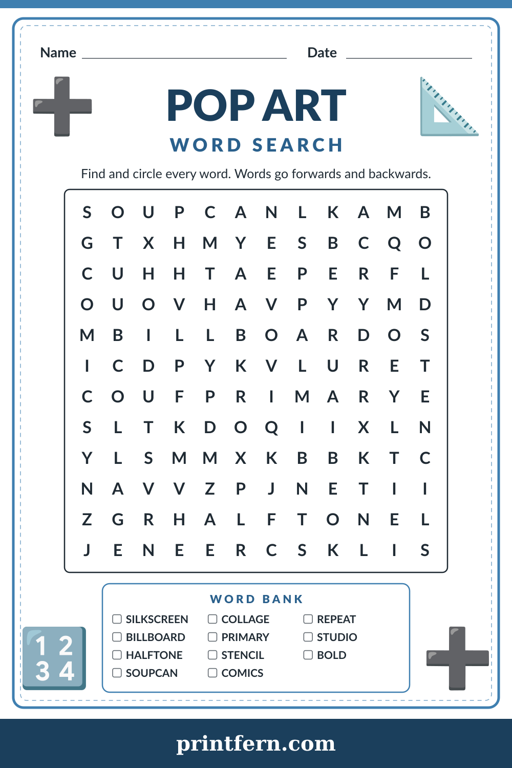Pop Art Word Search, free printable PDF preview