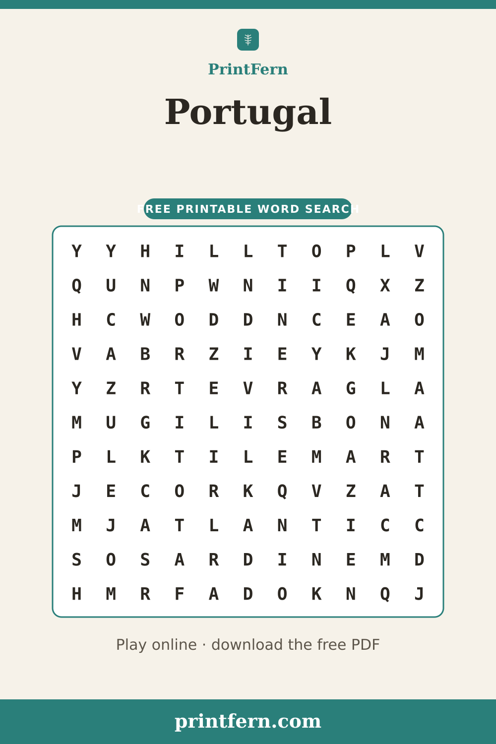 Portugal Word Search, free printable PDF preview