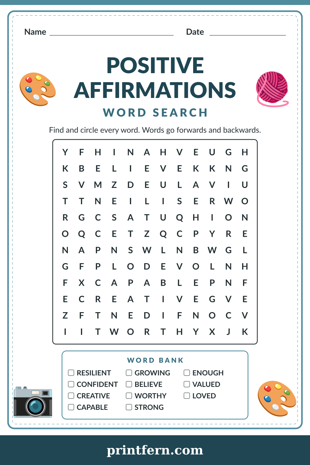 Positive Affirmations Word Search, free printable PDF preview