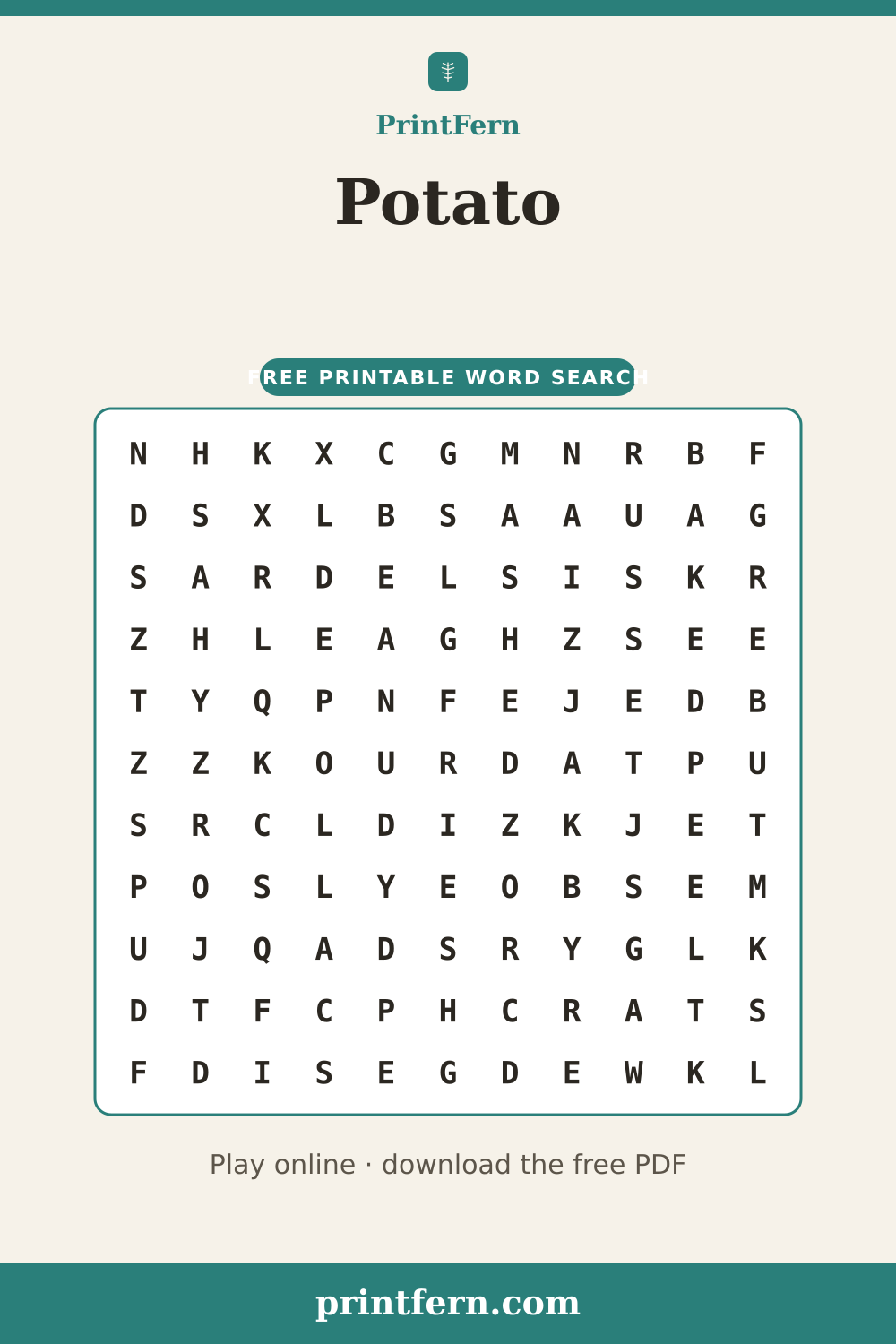 Potato Word Search, free printable PDF preview