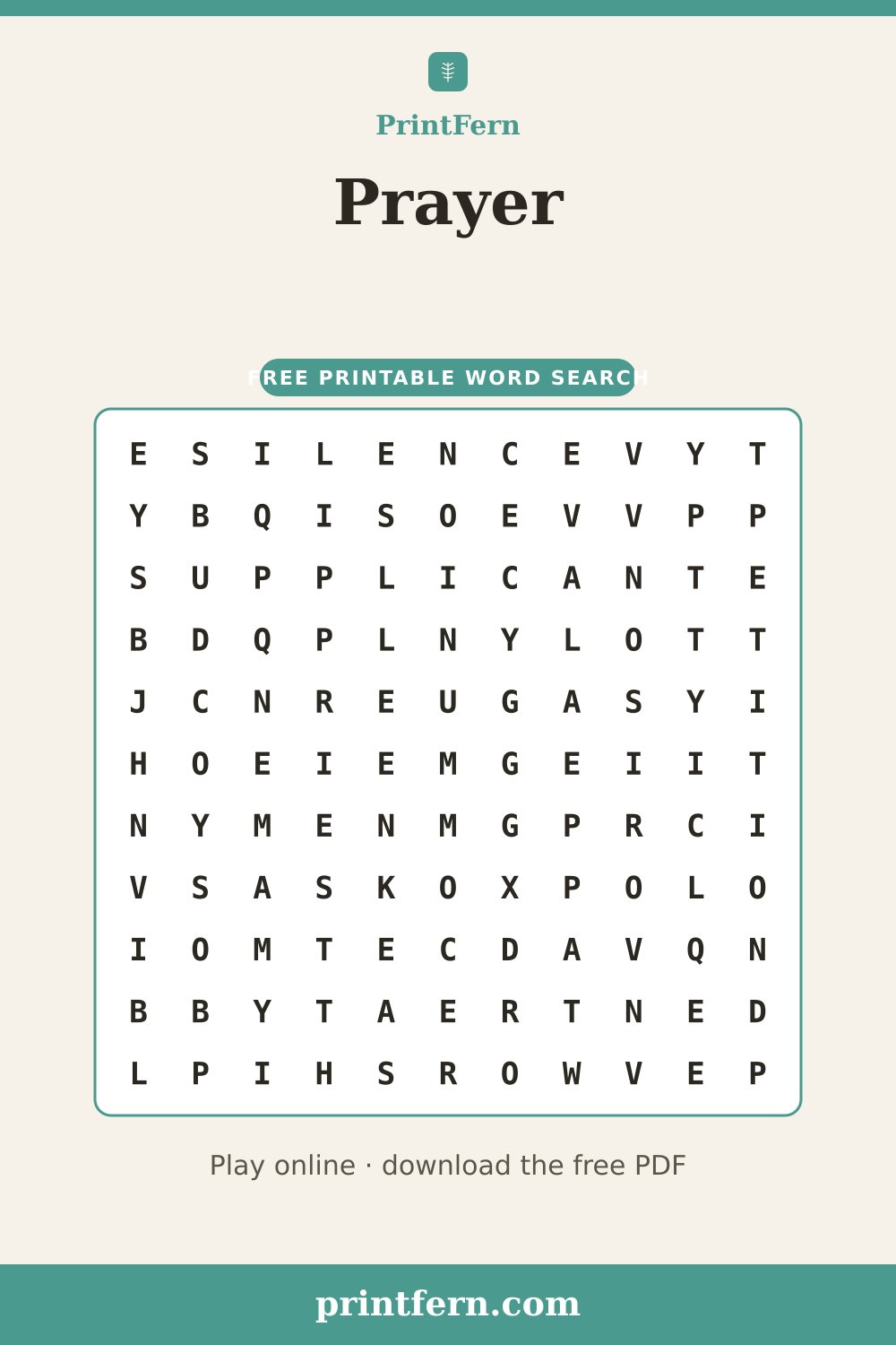 Prayer Word Search, free printable PDF preview