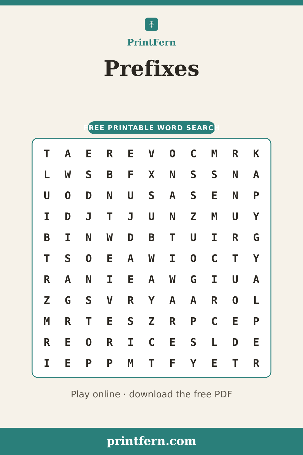 Prefixes Word Search, free printable PDF preview
