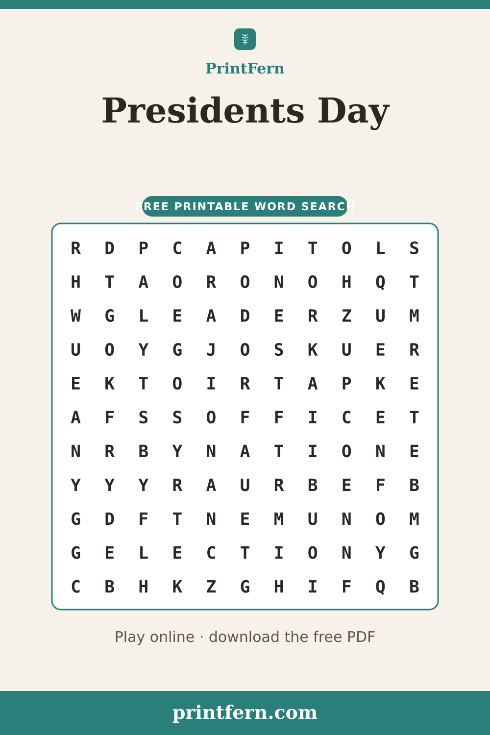 Presidents Day Word Search, free printable PDF preview