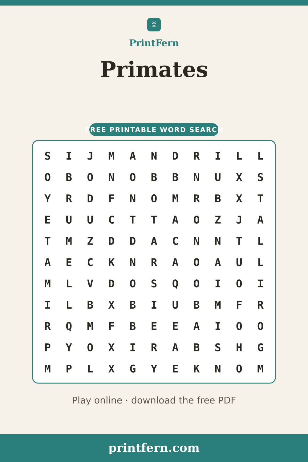 Primates Word Search, free printable PDF preview