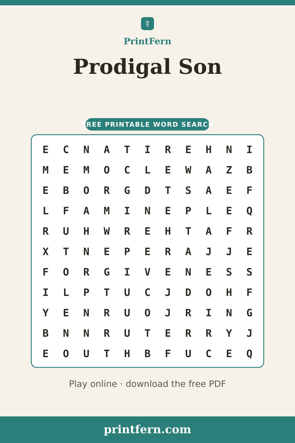 Prodigal Son Word Search, free printable PDF preview