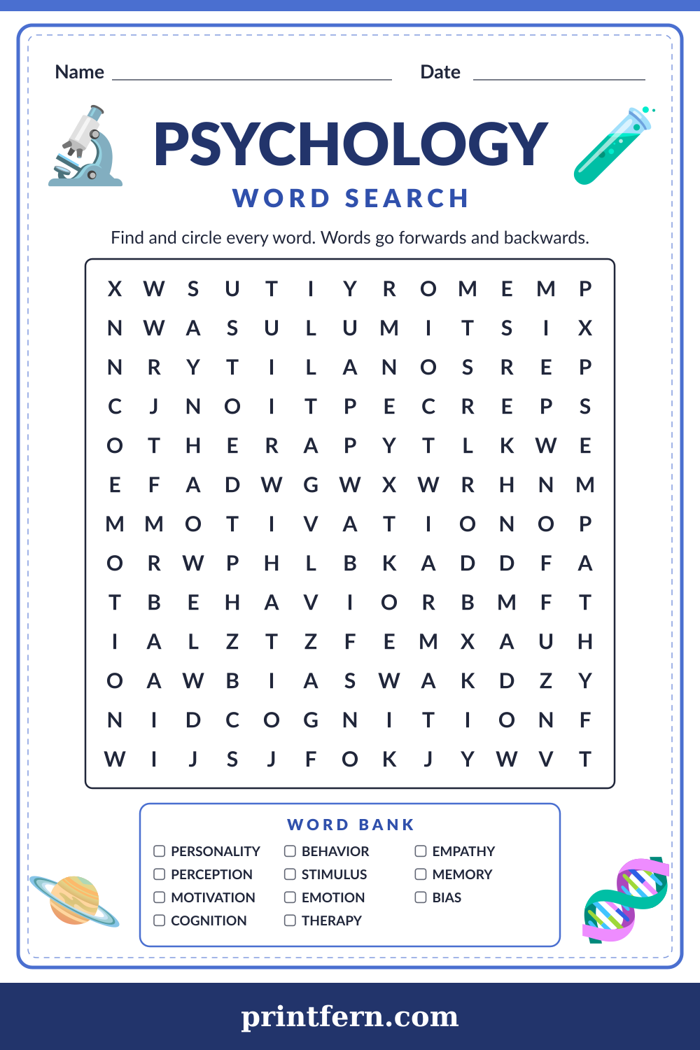 Psychology Word Search, free printable PDF preview