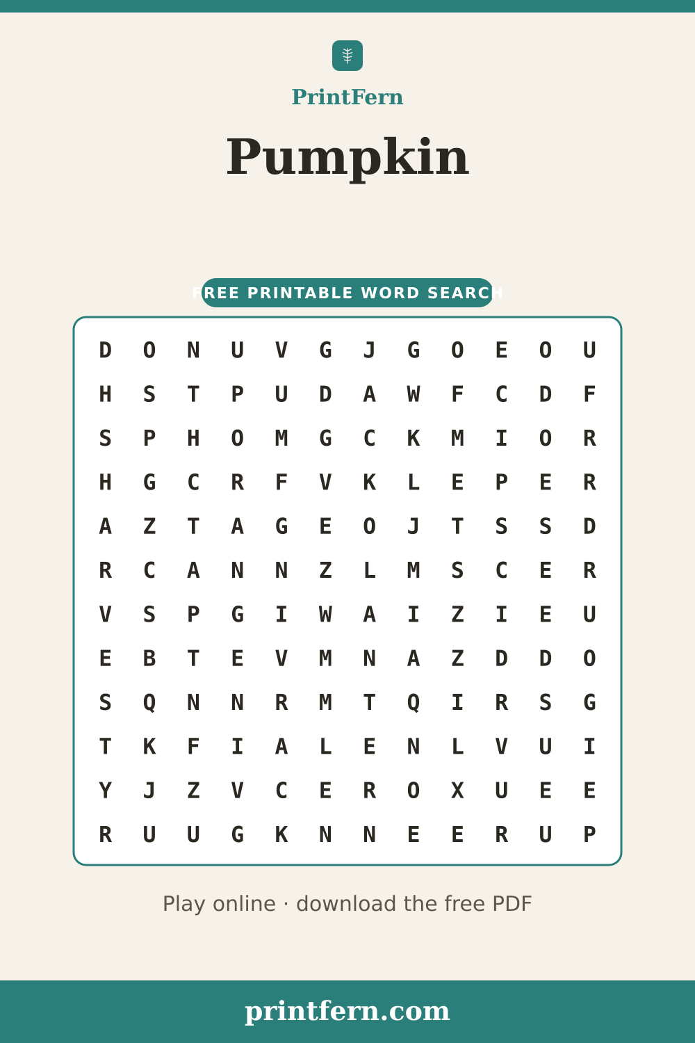 Pumpkin Word Search, free printable PDF preview