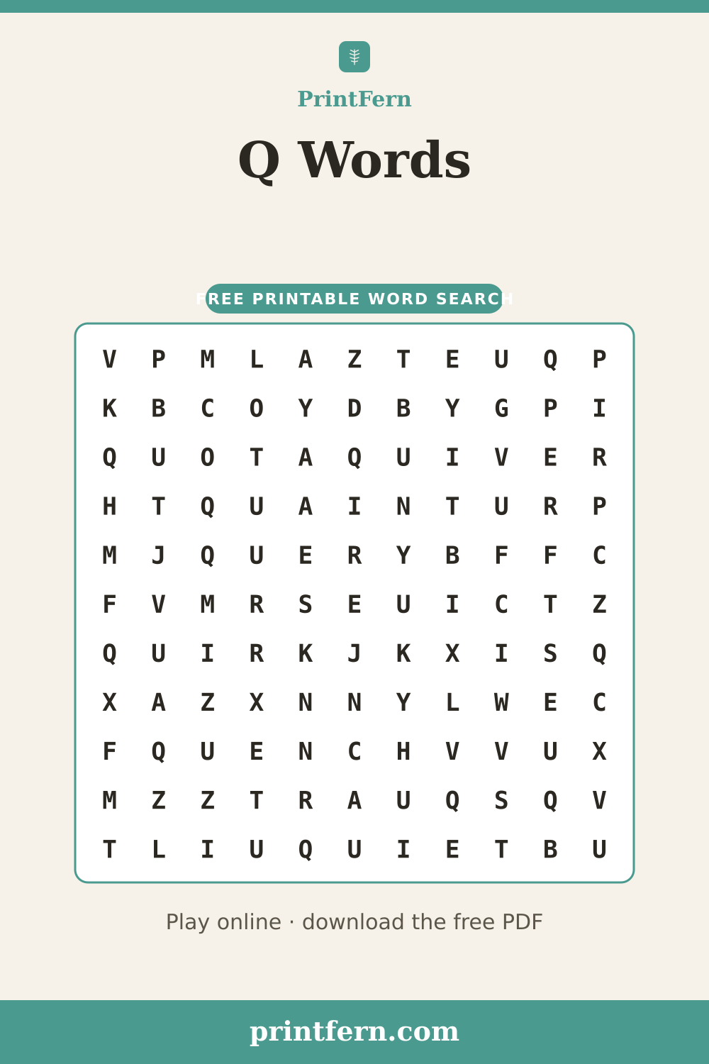 Q Words Word Search, free printable PDF preview
