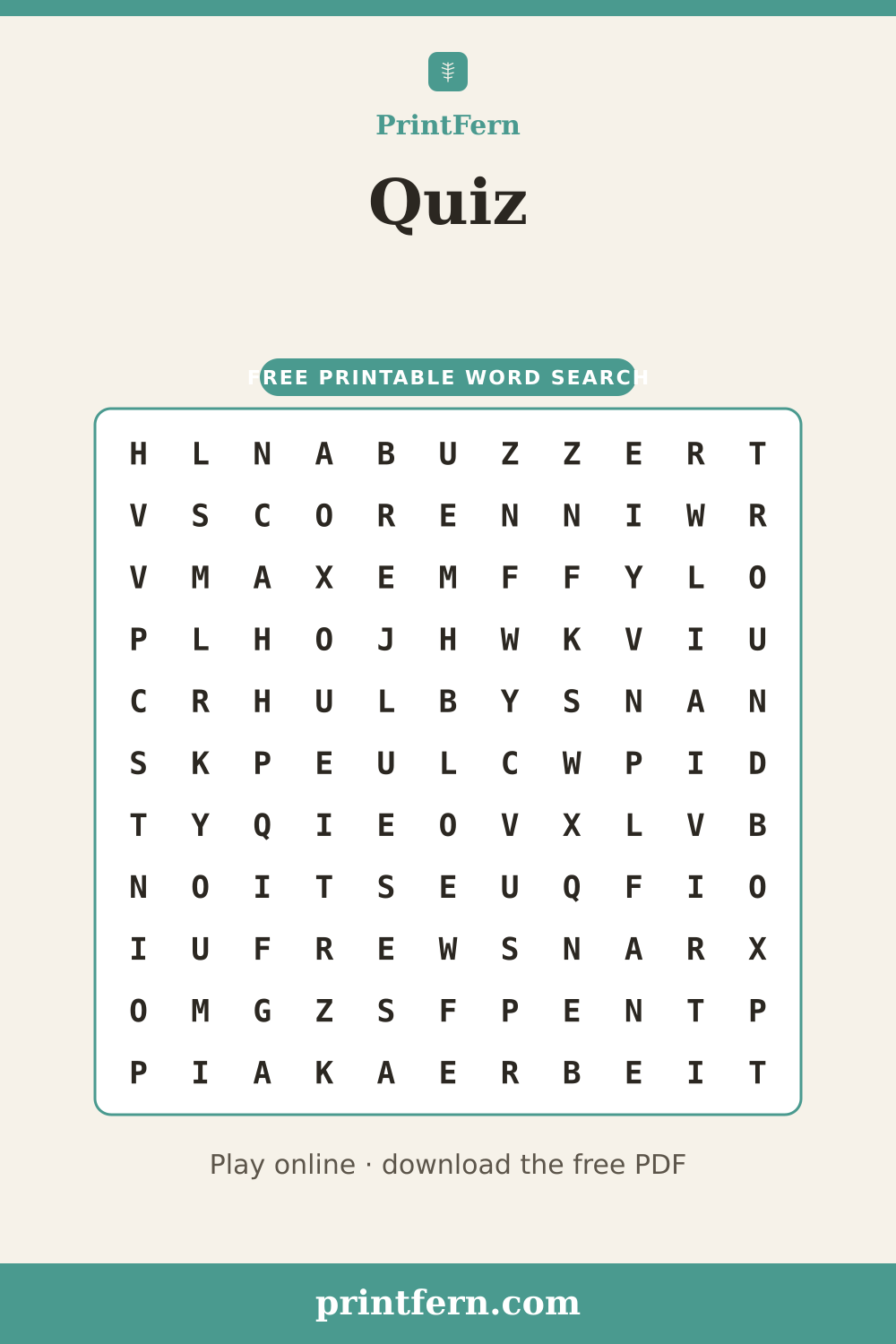 Quiz Word Search, free printable PDF preview