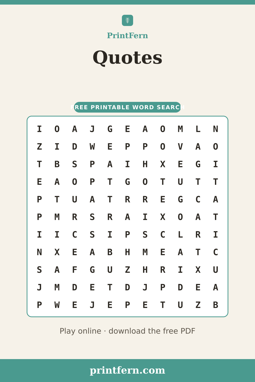 Quotes Word Search, free printable PDF preview
