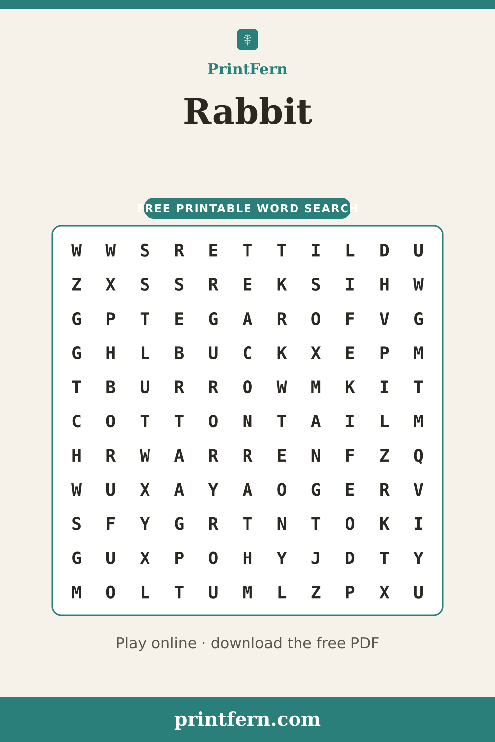 Rabbit Word Search, free printable PDF preview