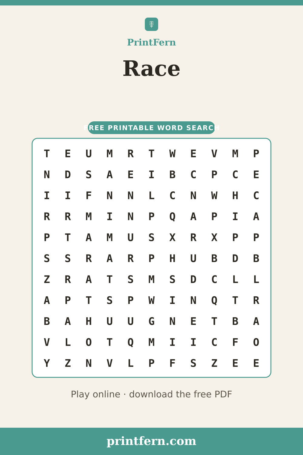 Race Word Search, free printable PDF preview