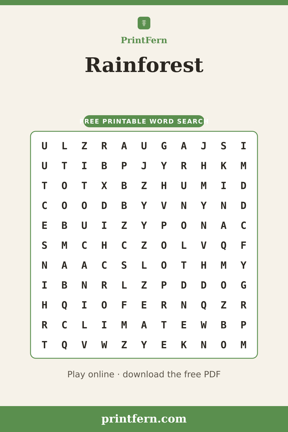 Rainforest Word Search, free printable PDF preview