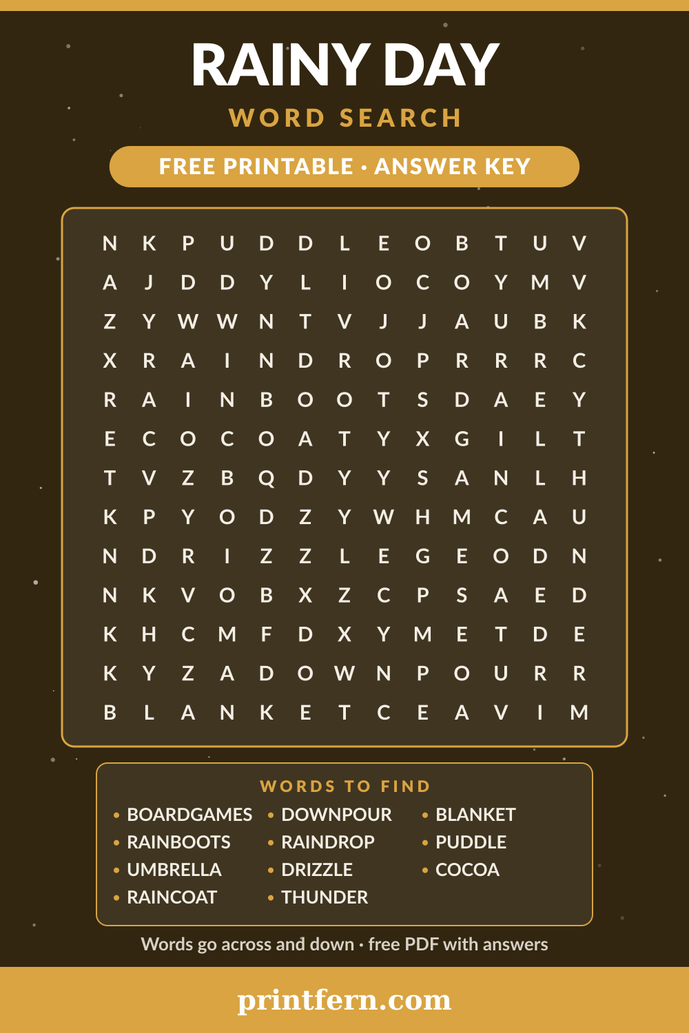 Rainy Day Word Search, free printable PDF preview
