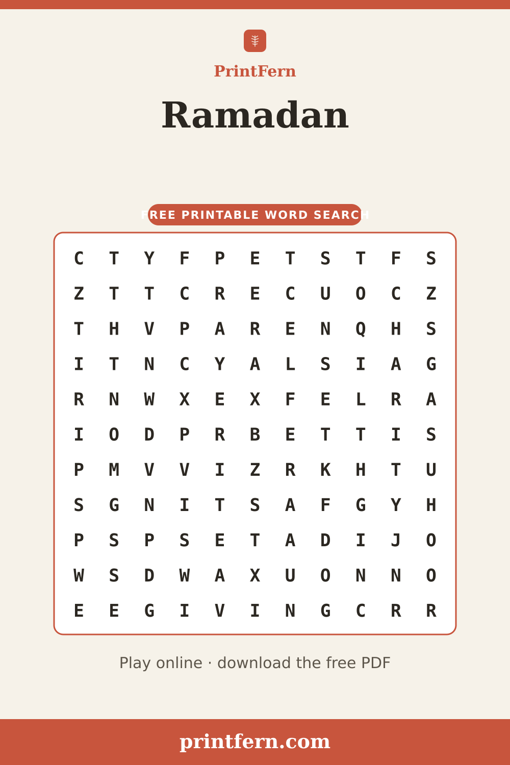 Ramadan Word Search, free printable PDF preview