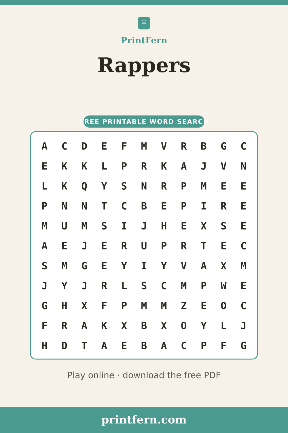 Rappers Word Search, free printable PDF preview
