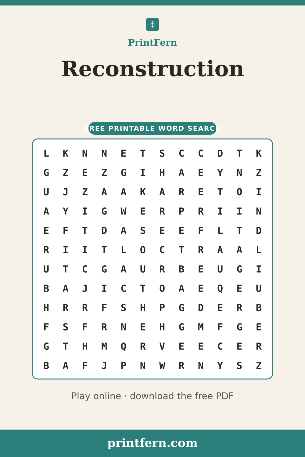 Reconstruction Word Search, free printable PDF preview