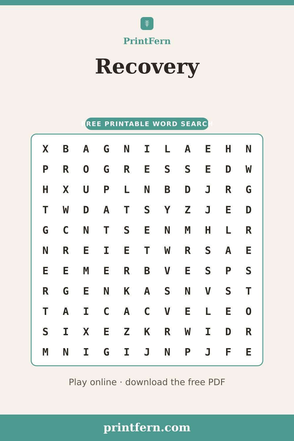 Recovery Word Search, free printable PDF preview
