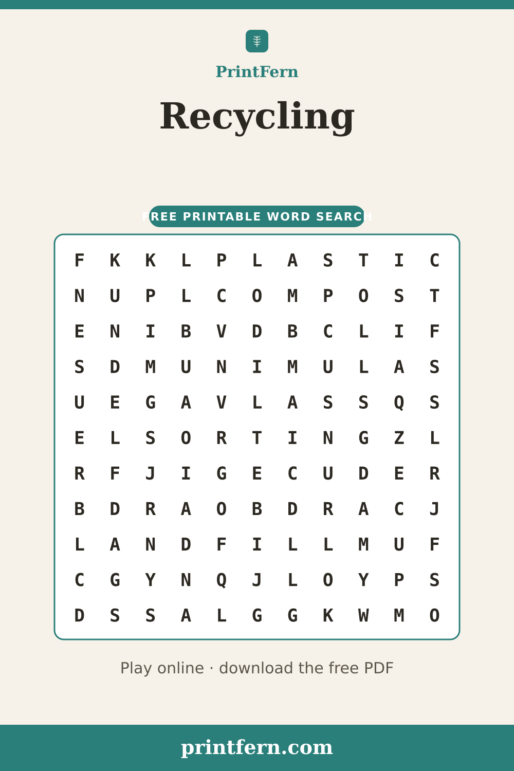 Recycling Word Search, free printable PDF preview