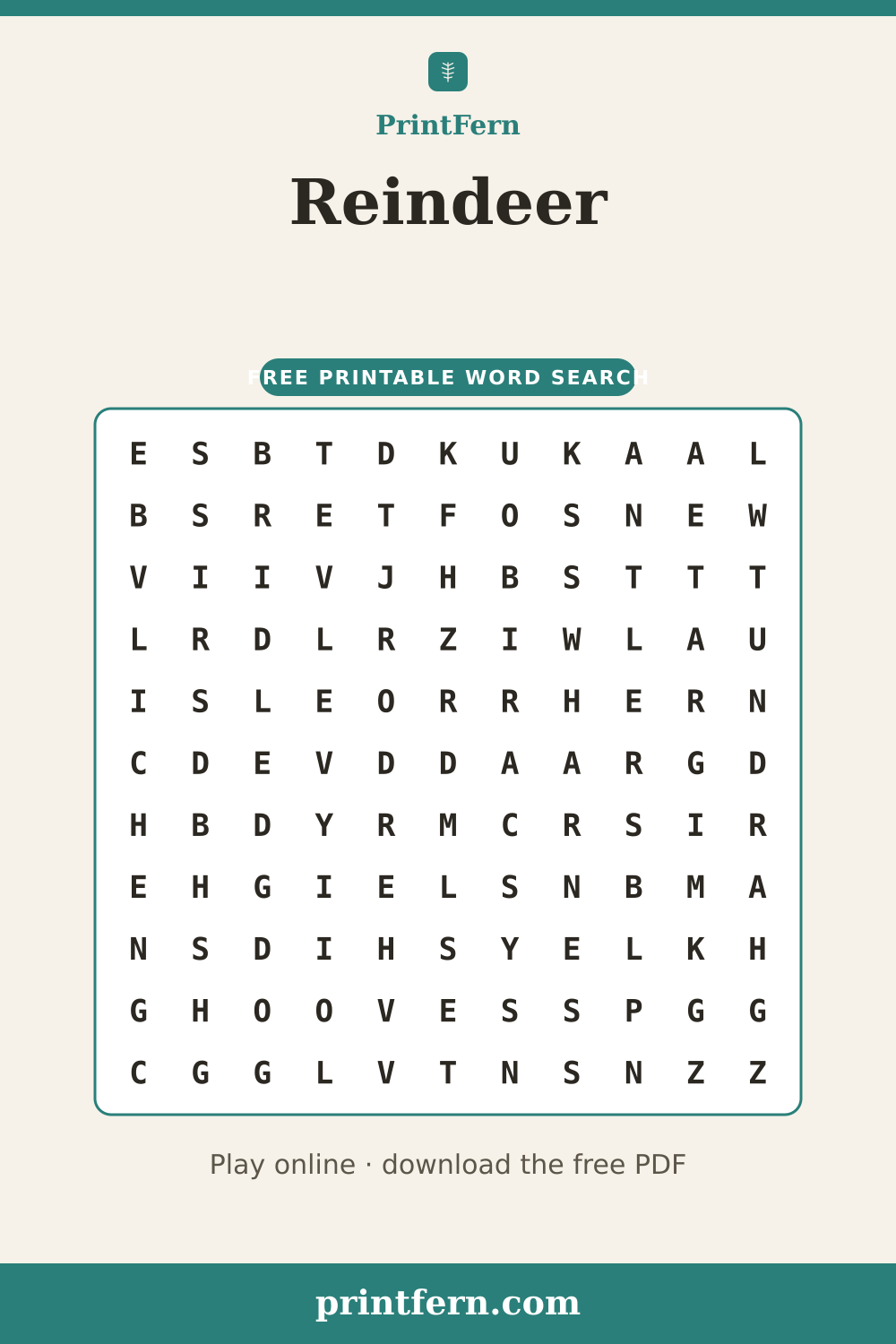 Reindeer Word Search, free printable PDF preview