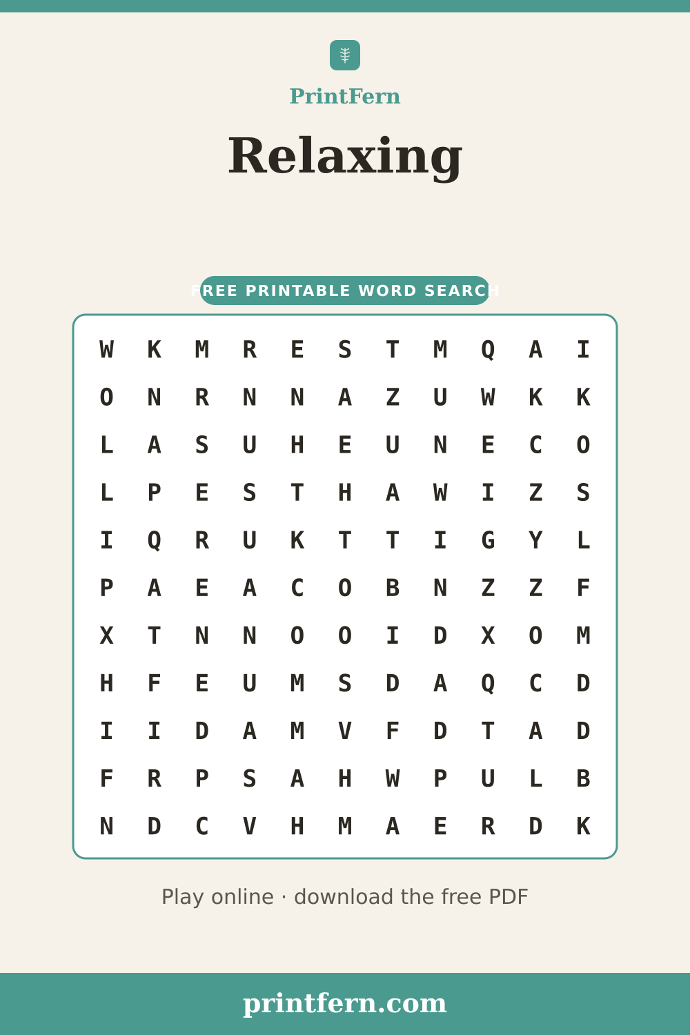 Relaxing Word Search, free printable PDF preview