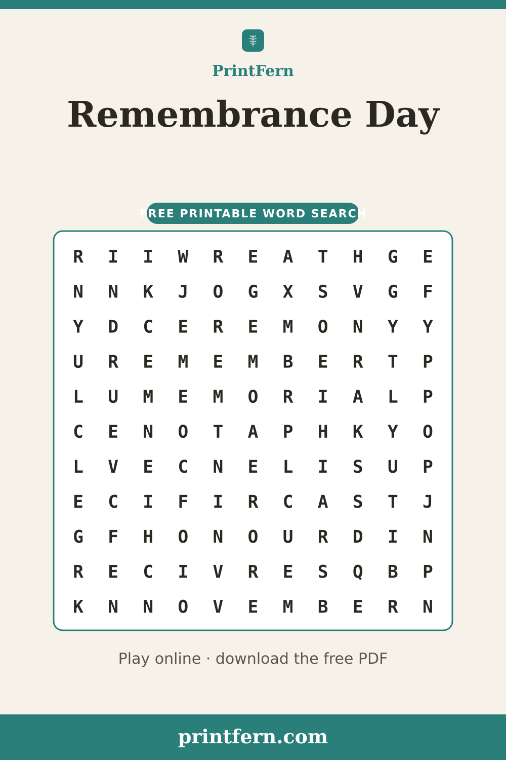 Remembrance Day Word Search, free printable PDF preview