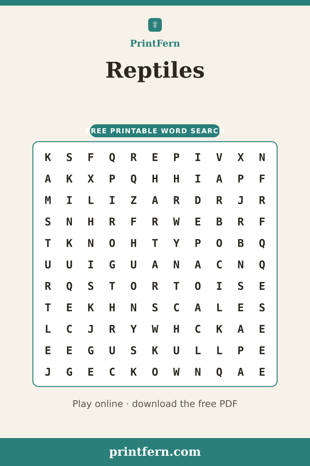 Reptiles Word Search, free printable PDF preview