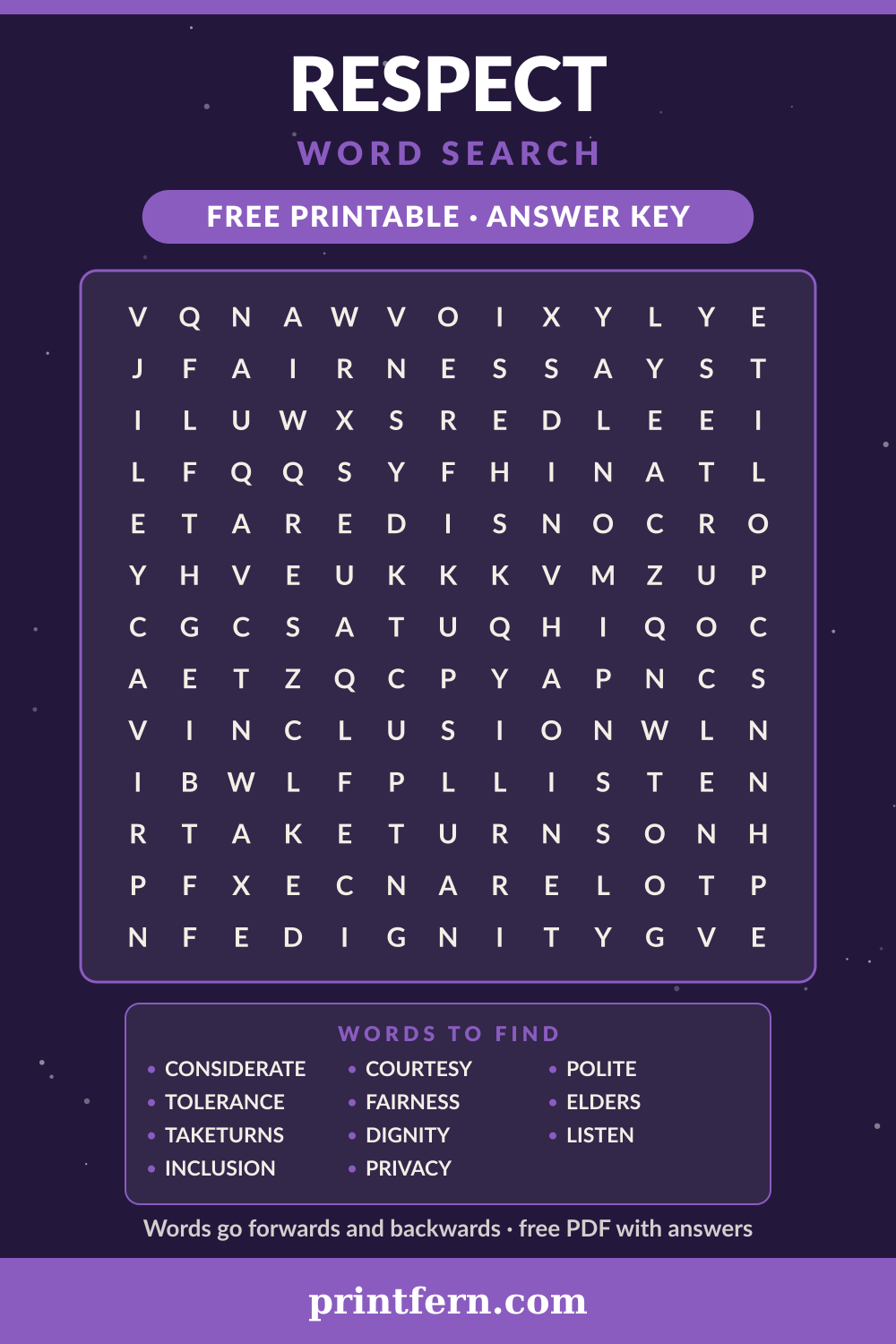 Respect Word Search, free printable PDF preview