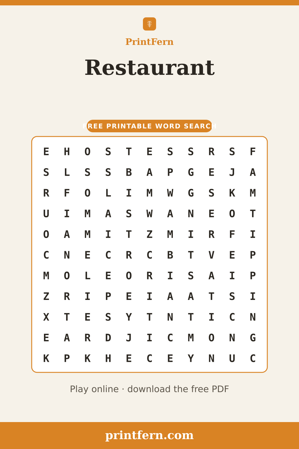 Restaurant Word Search, free printable PDF preview