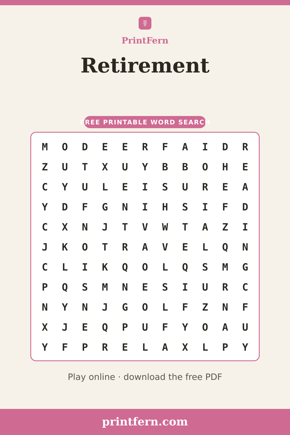 Retirement Word Search, free printable PDF preview
